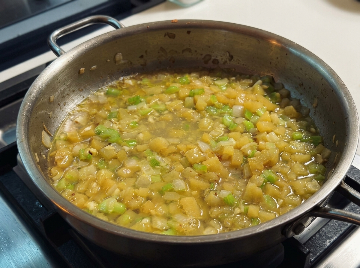 Bouillon de palourde filtré mijotant avec les légumes dans une poêle en inox.