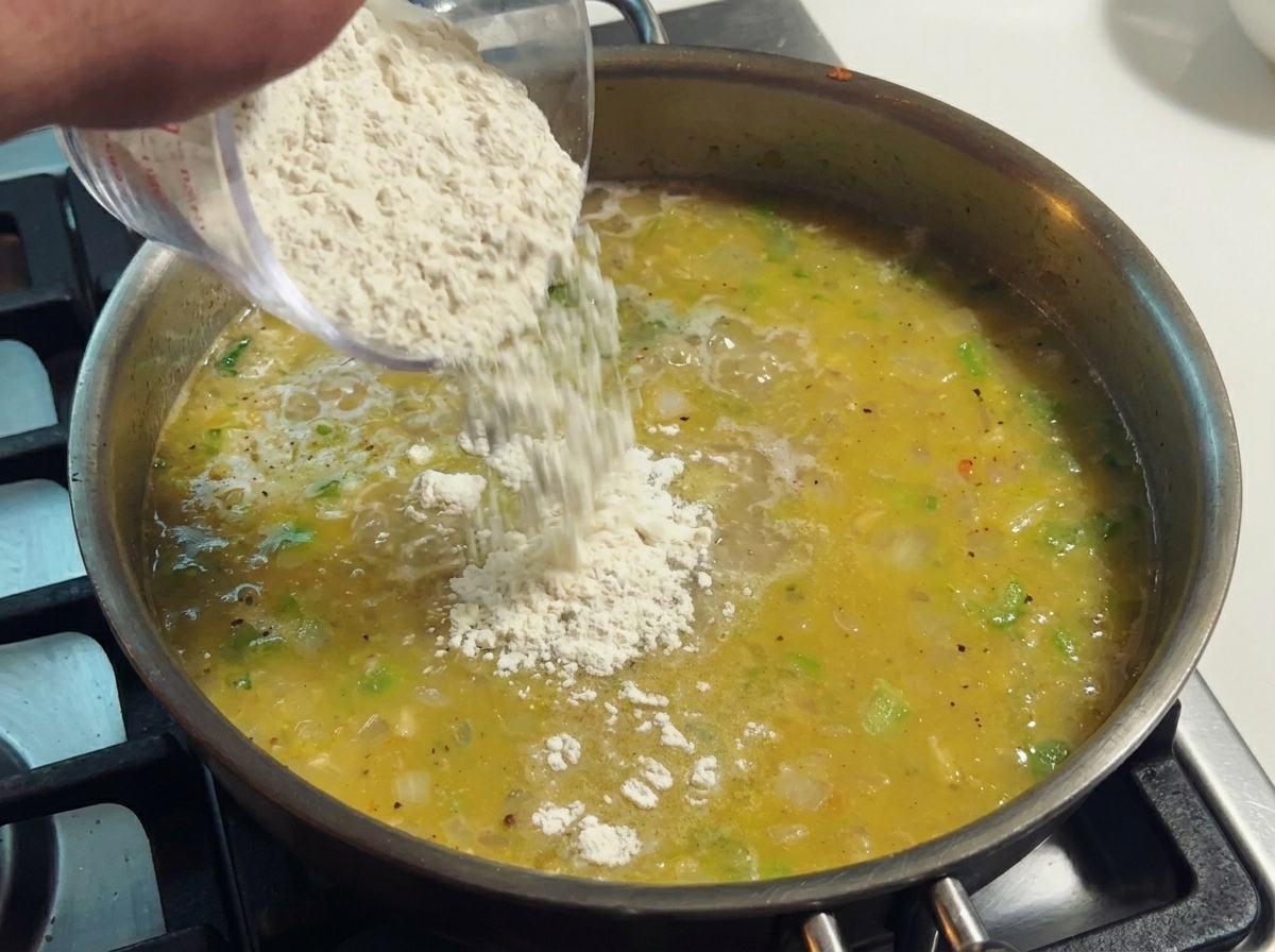 Cuillère en bois remuant une base de soupe épaisse et onctueuse avec des légumes.