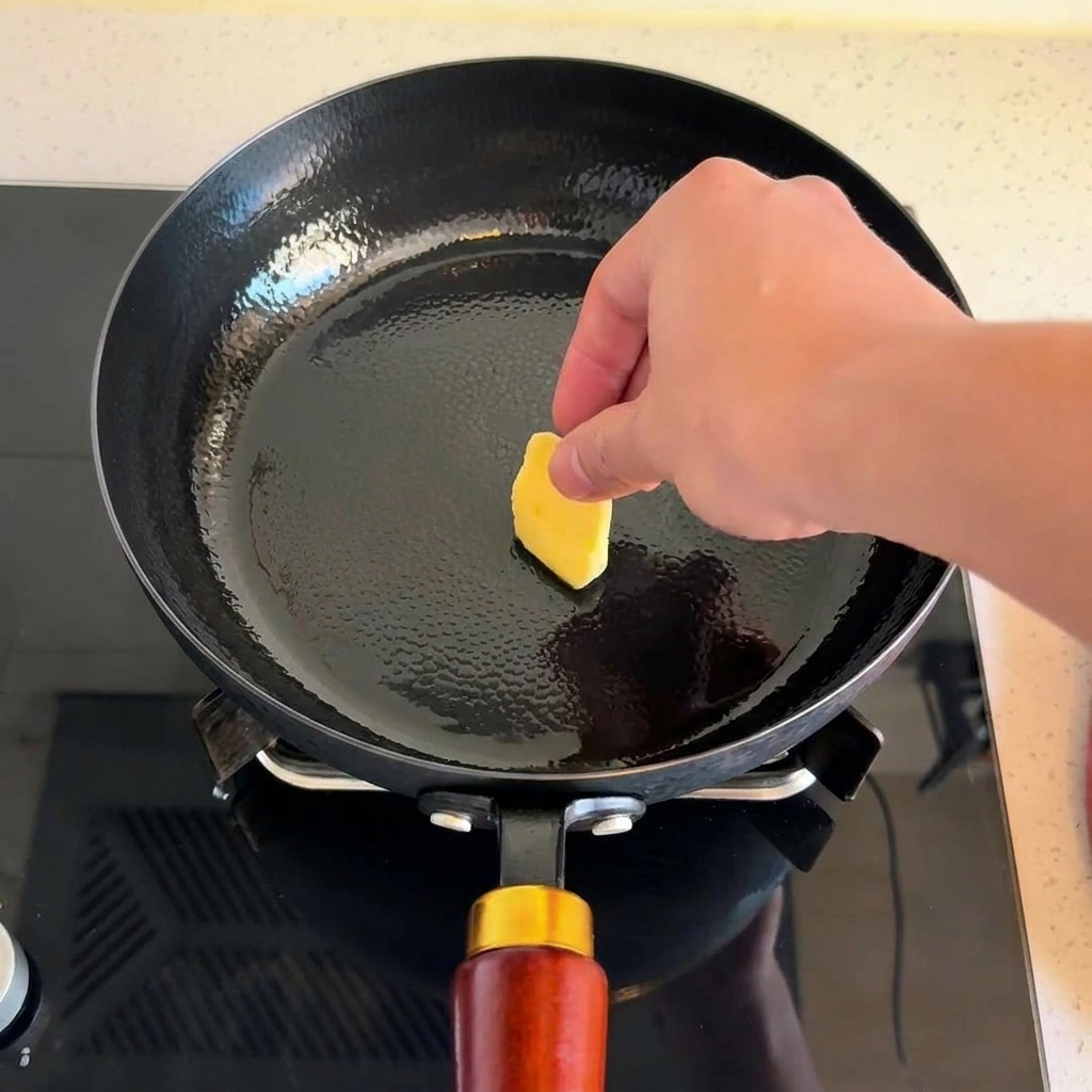 Une noisette de beurre fondant dans une poêle noire chaude.