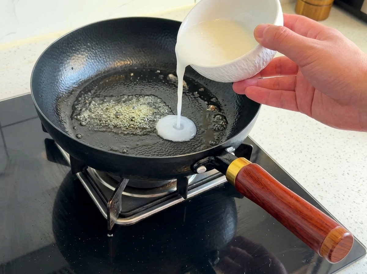 Mélange eau-farine versé dans la poêle avec le beurre fondu.