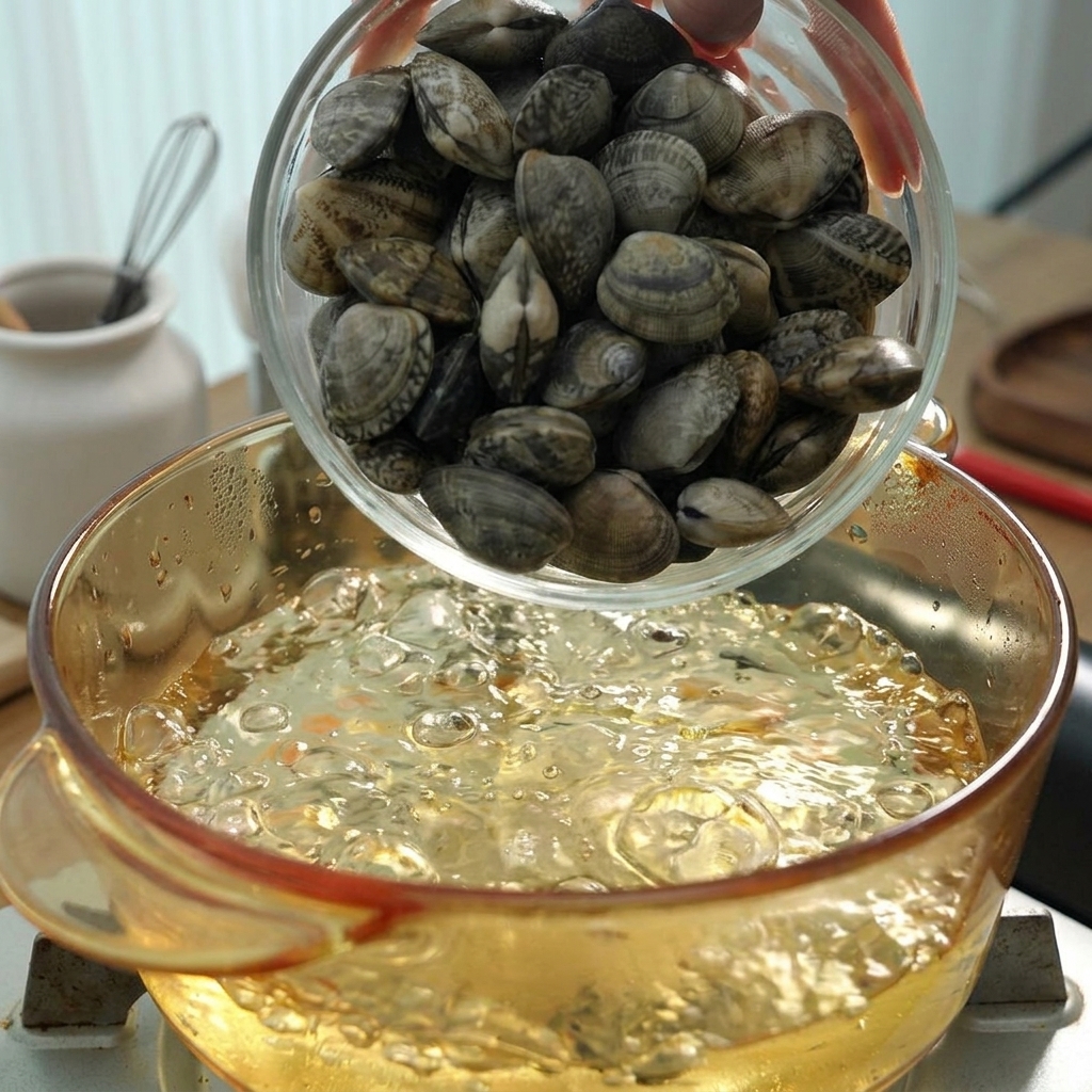 Palourdes fraîches versées dans une casserole deau bouillante.