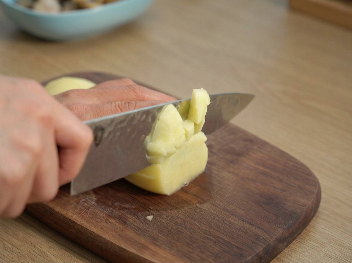 Dés de pomme de terre réguliers sur une planche en bois.