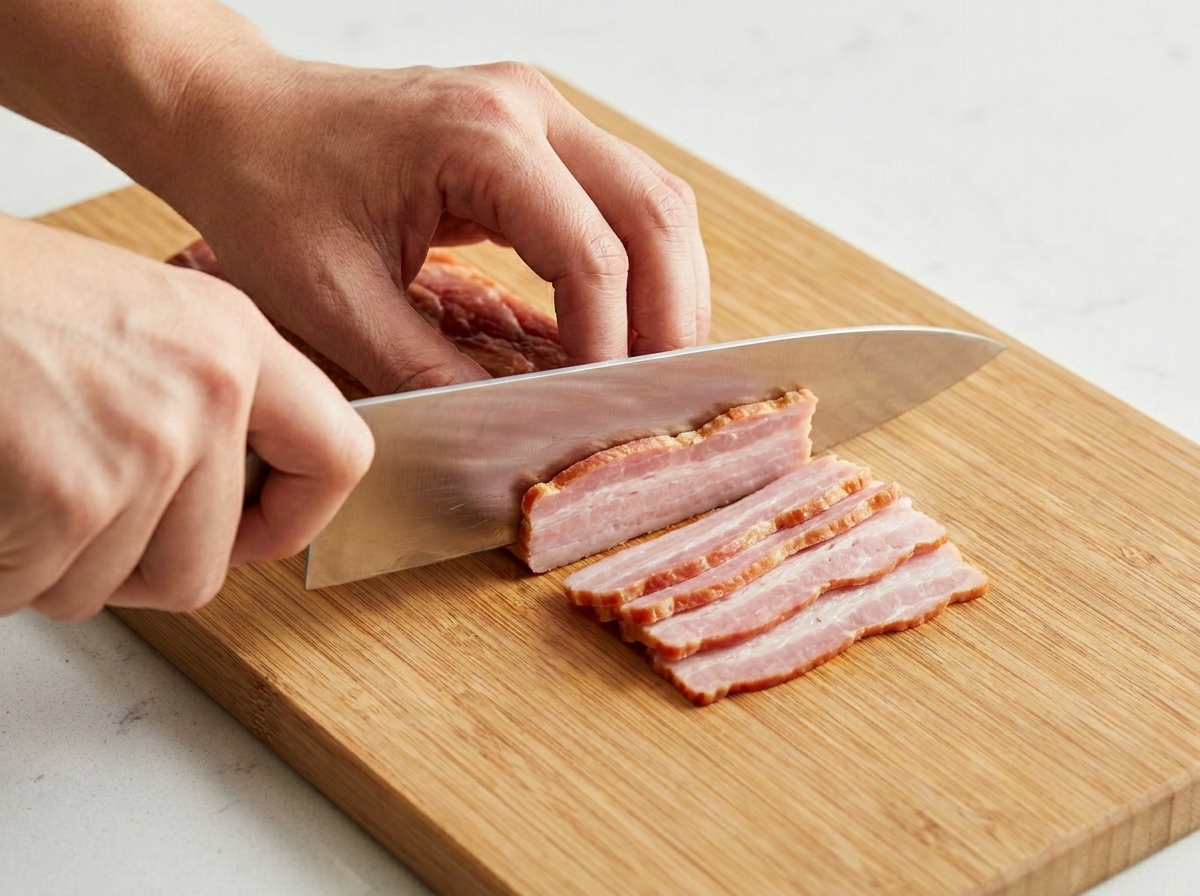 Tranches de bacon cru détaillées en petits morceaux réguliers.
