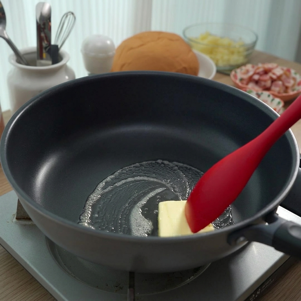 Beurre fondant dans une poêle noire sous laction dune spatule.