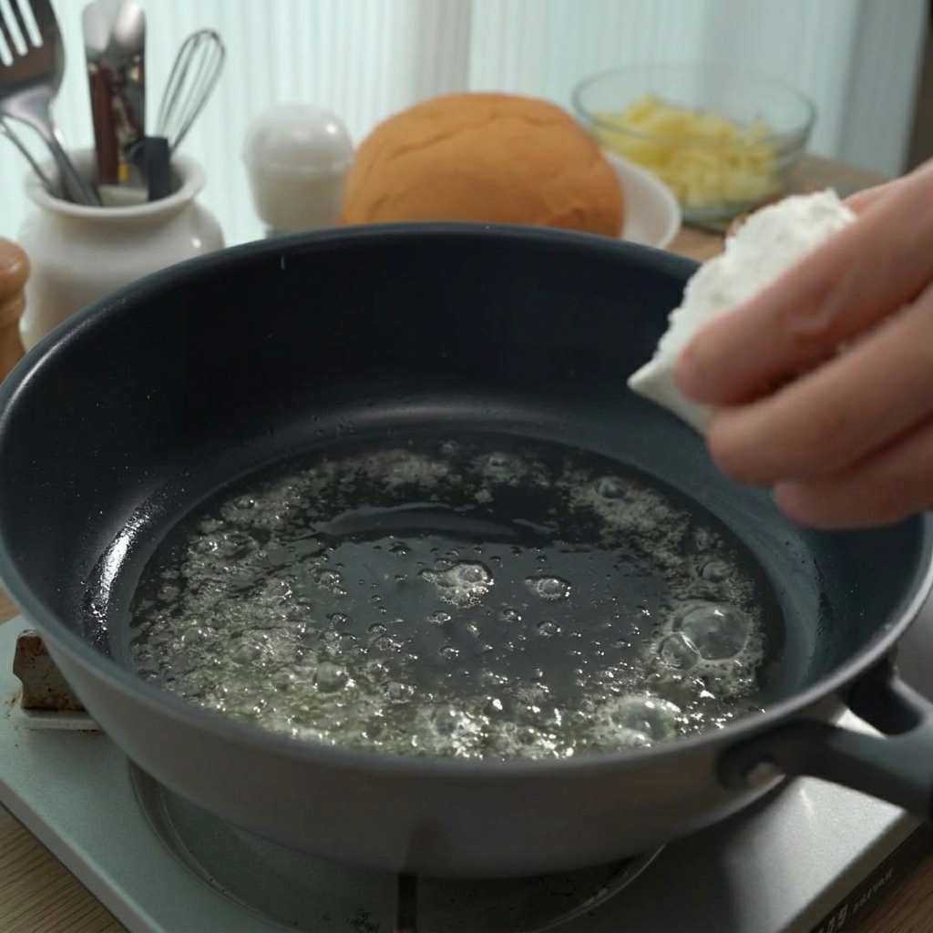 Farine blanche versée sur le beurre fondu dans la poêle.