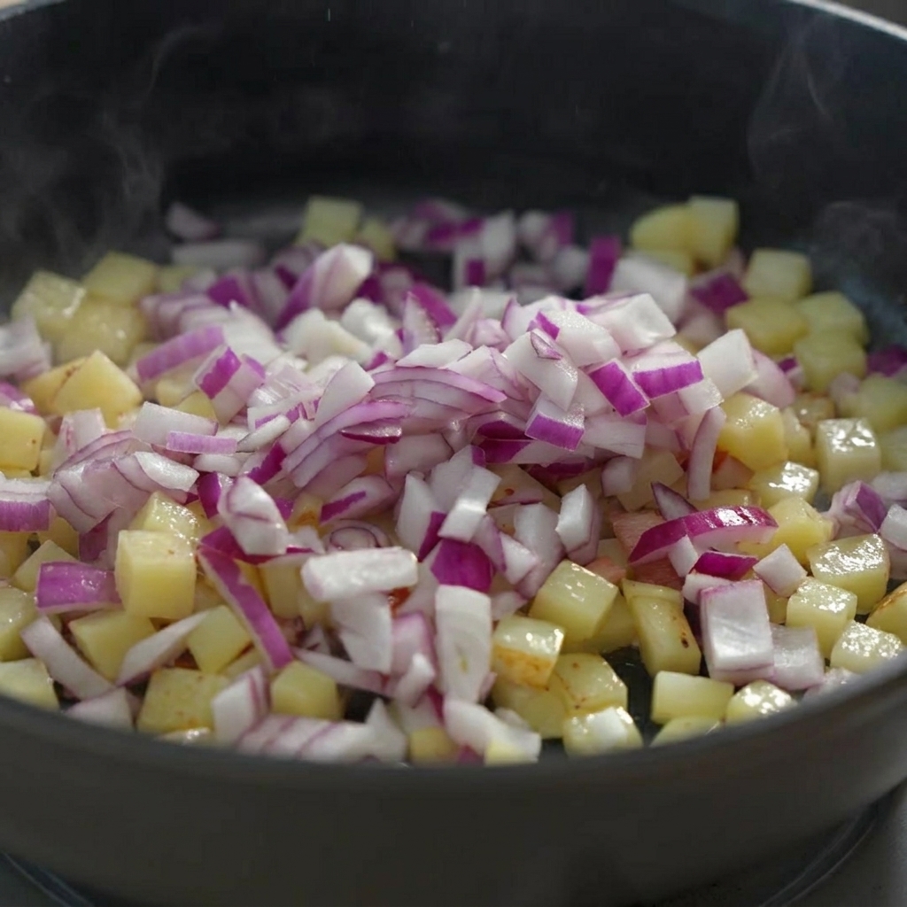 Oignons rouges et céleri ajoutés aux pommes de terre fumantes.