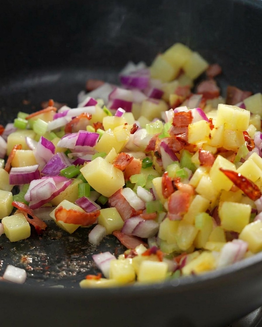 Bouillon de palourdes filtré versé sur le mélange de légumes et bacon.