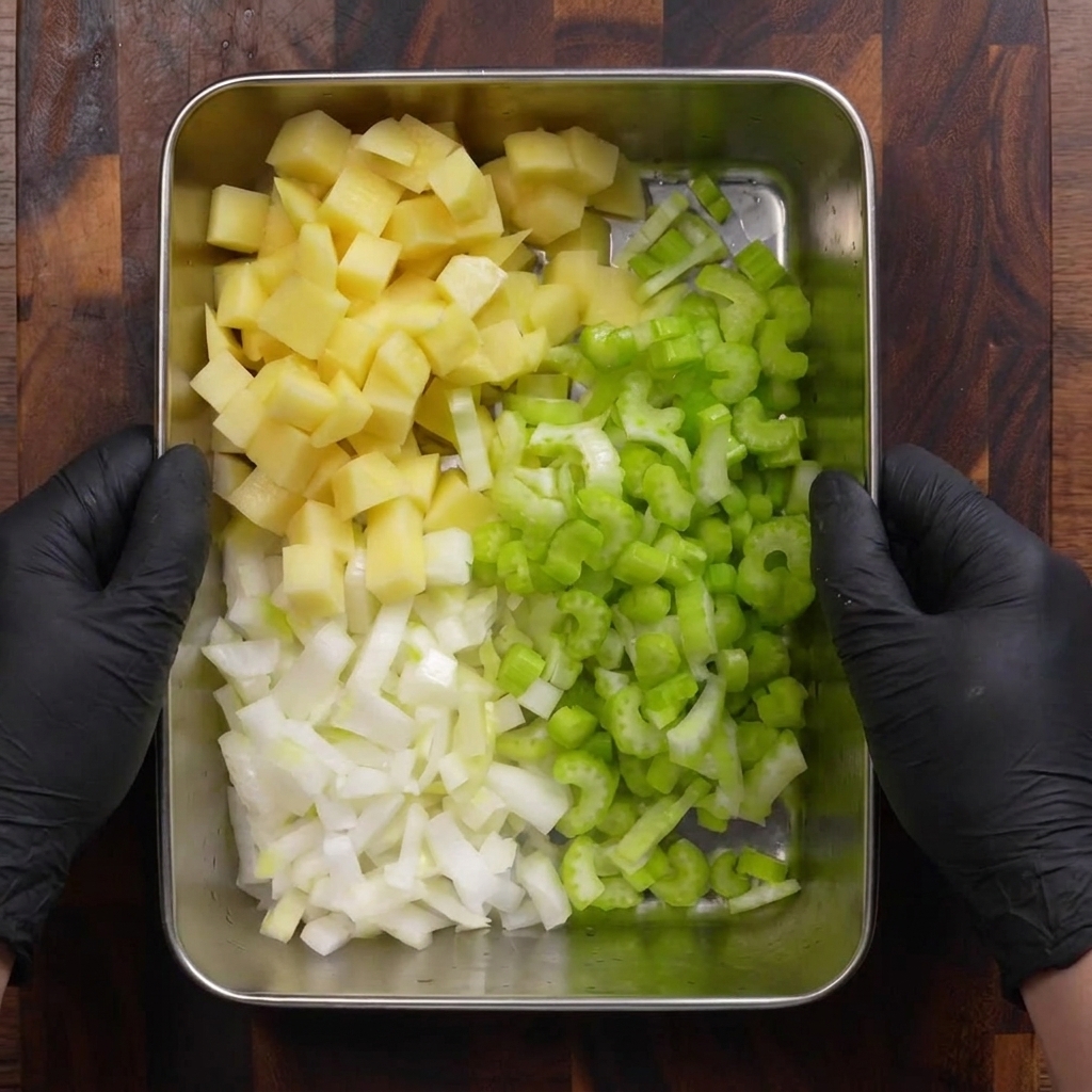 Un plateau métallique contenant des tas de dés de pommes de terre, de céleri et doignons bien séparés.