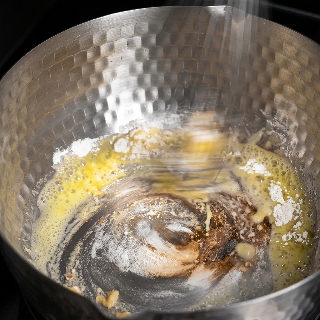 De la farine et du beurre fondu fouettés rapidement dans une casserole métallique pour former une pâte épaisse.