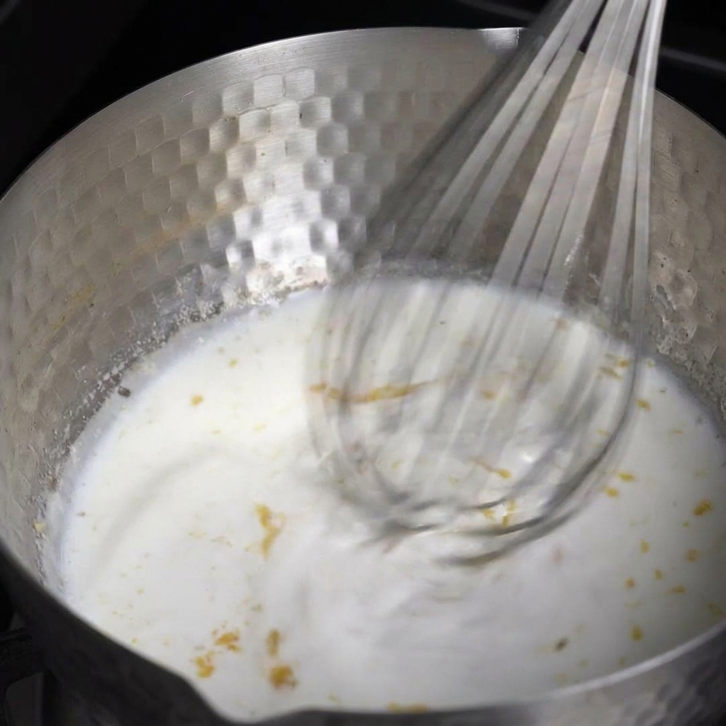 Un fouet mélangeant rapidement une sauce blanche crémeuse dans une casserole en métal.