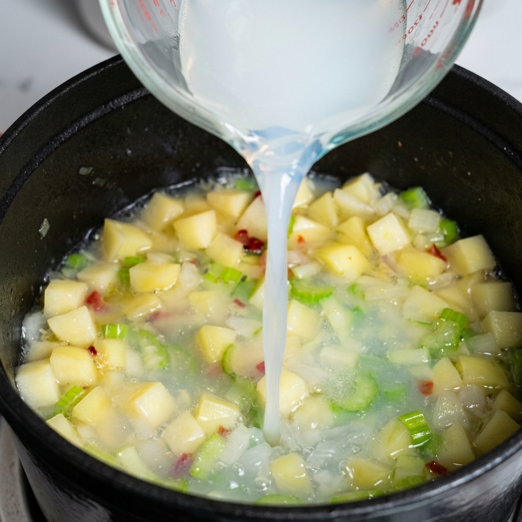Bouillon de palourdes blanc opaque versé dun verre doseur dans une marmite de légumes frémissants.