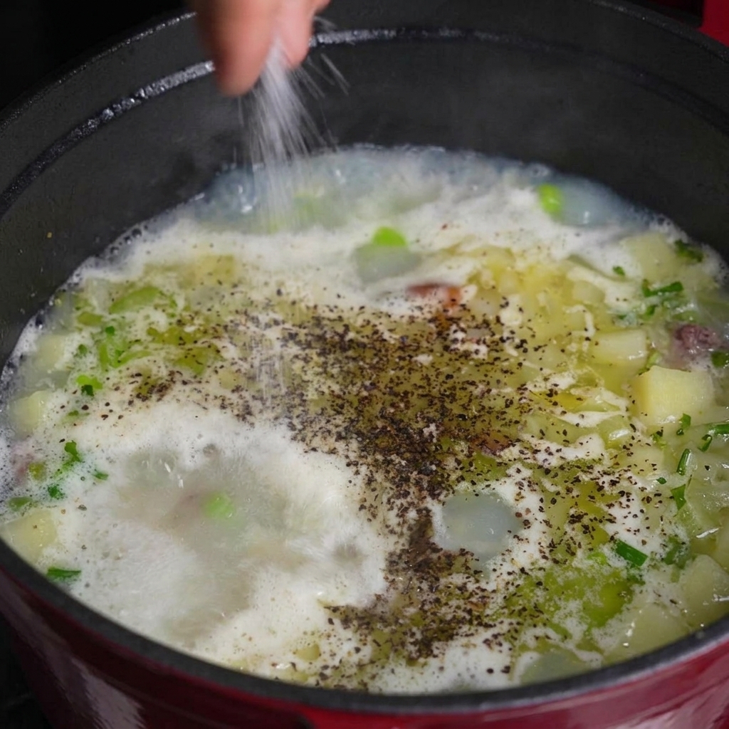 Une main saupoudrant du sel dans une marmite de soupe bouillonnante avec du poivre noir et des légumes en dés.