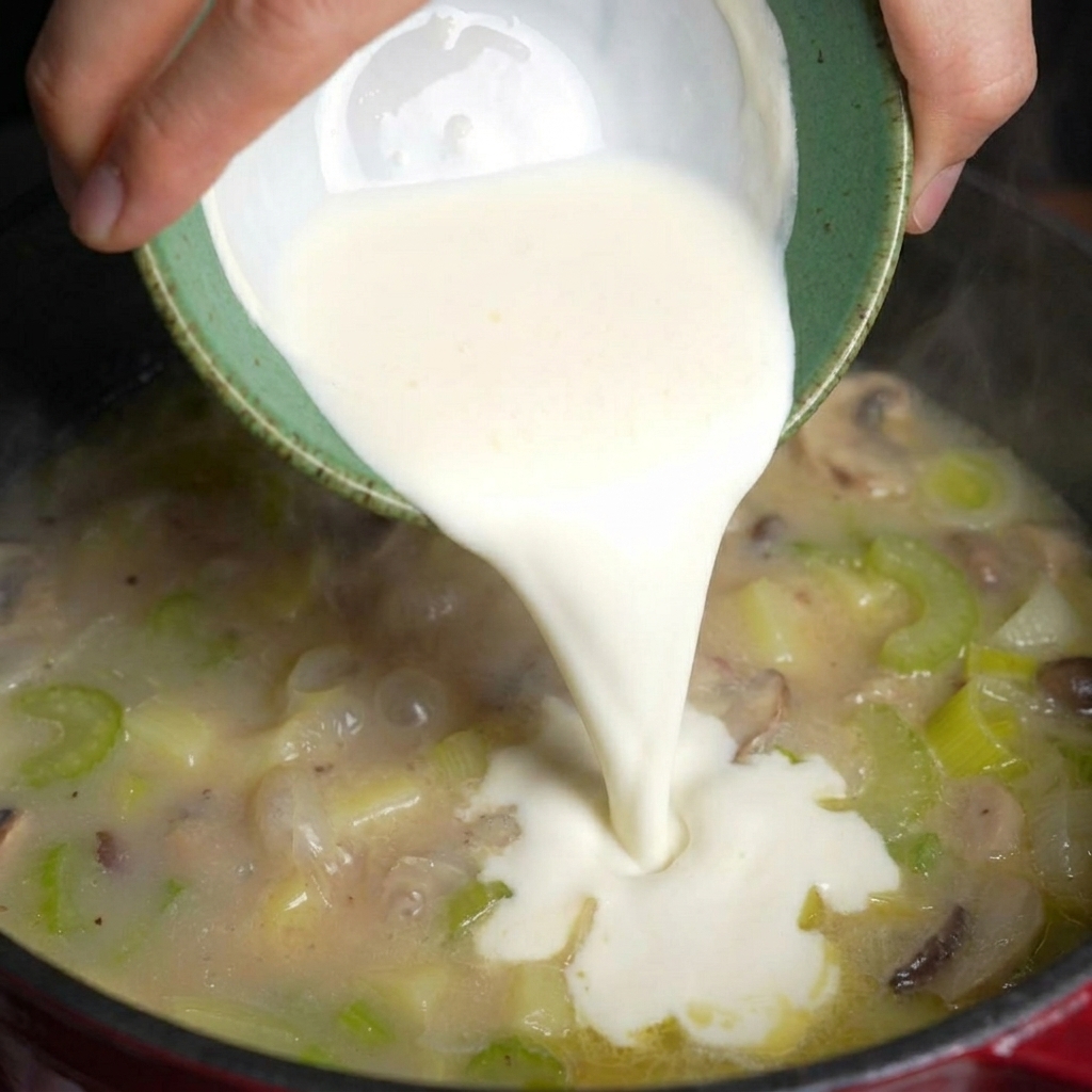 Crème blanche onctueuse versée dun bol en céramique verte dans une marmite contenant du céleri et des pommes de terre.