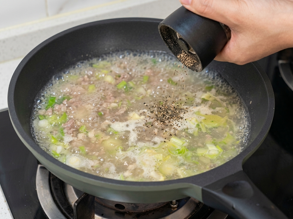 Utilisation dun moulin à poivre noir au-dessus de la poêle où mijotent les légumes et le bouillon.