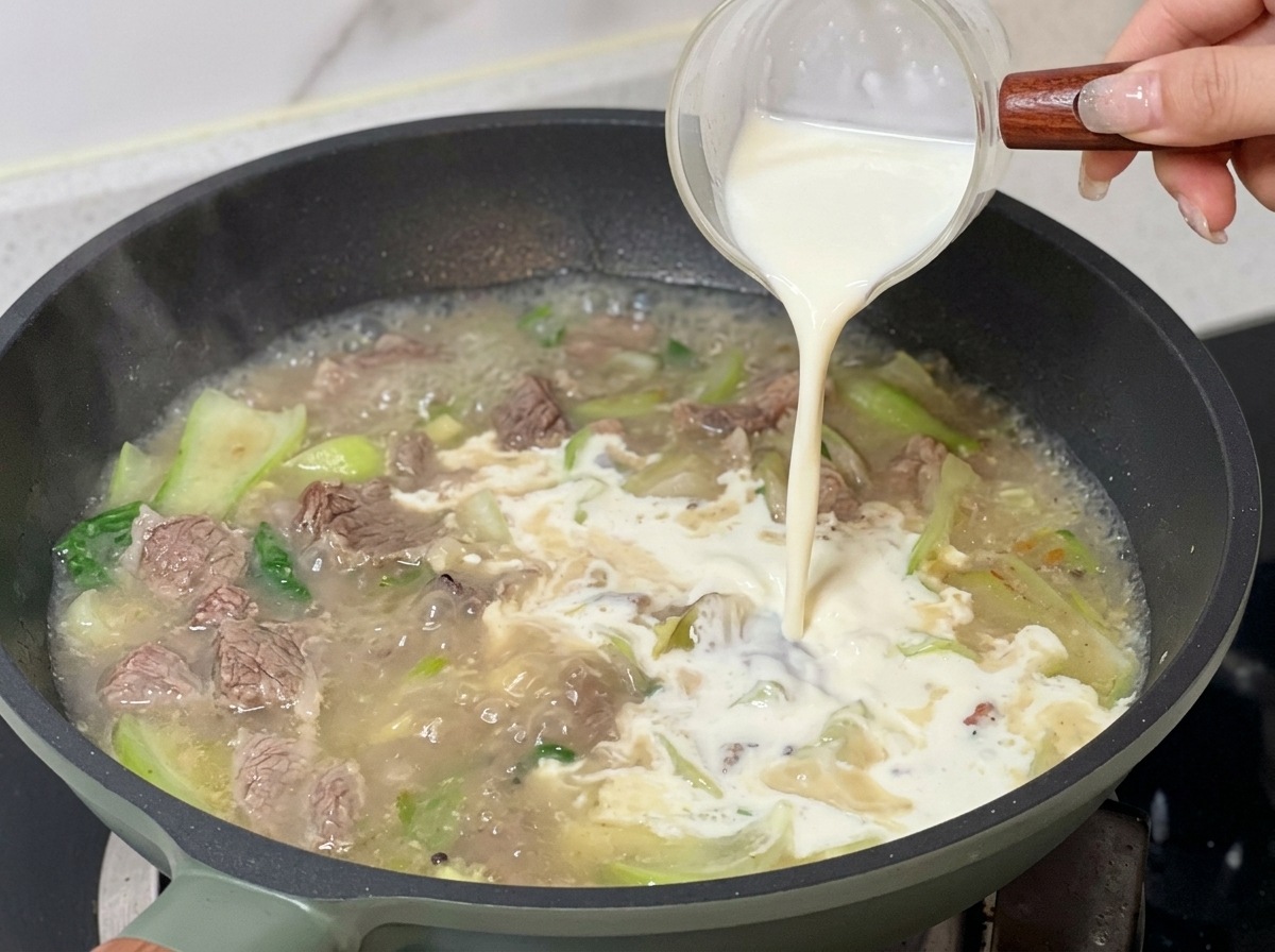 Versement du reste du mélange lait-crème dans la poêle fumante avec le roux préparé.