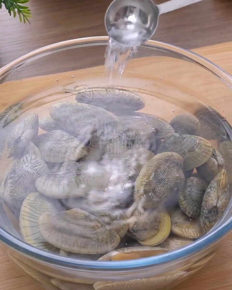 Une cuillère versant du sel dans un bol deau froide contenant des palourdes fraîches.