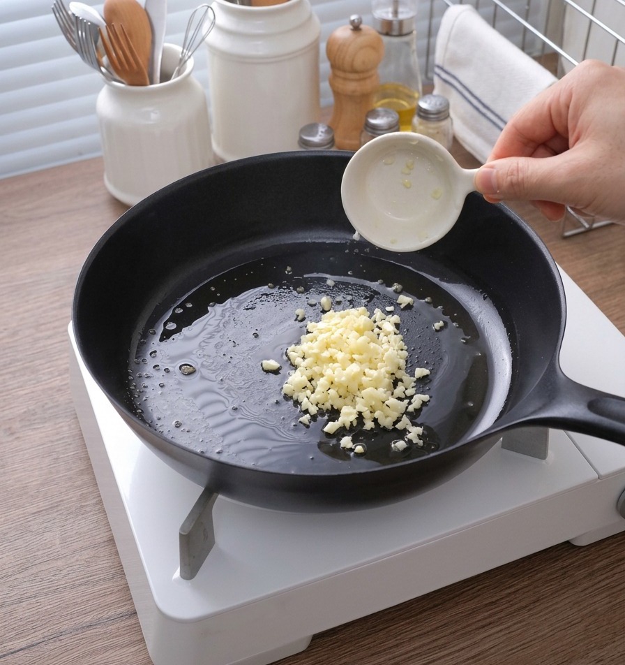 Versement de lail haché dans une poêle avec du beurre fondu.