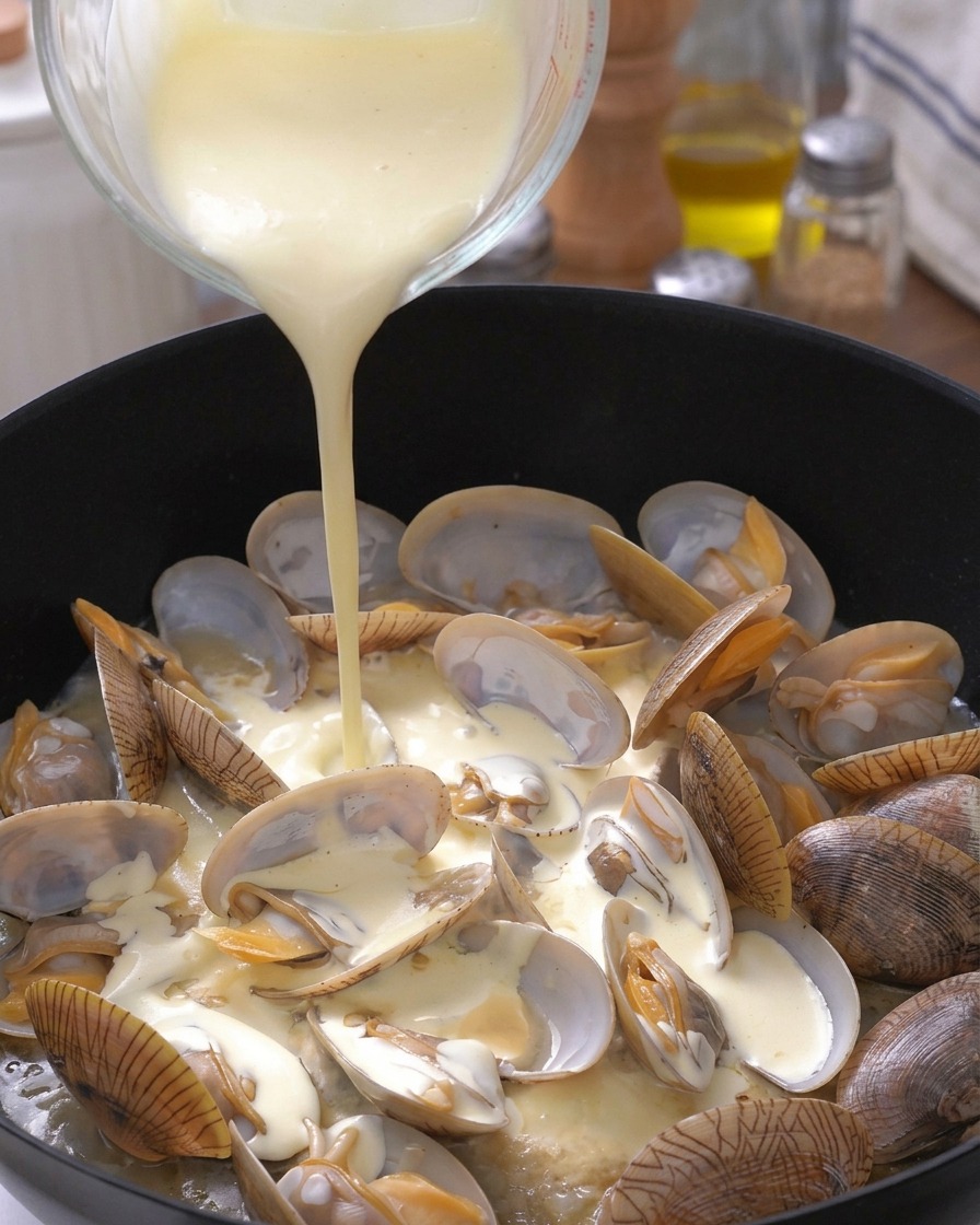 Crème liquide versée dun verre doseur sur les palourdes ouvertes dans la poêle.