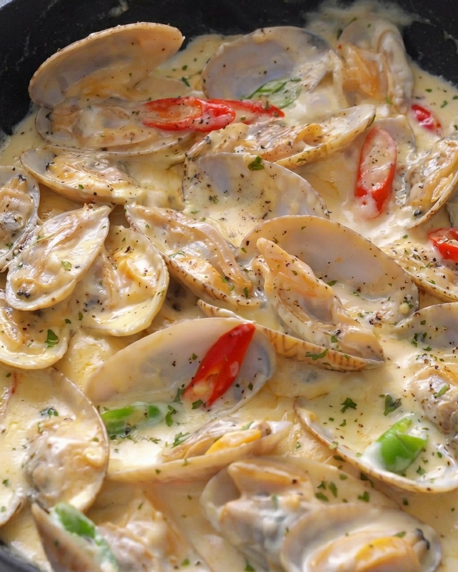 Poêle de palourdes à la crème bouillonnante garnie de piments et de persil frais.