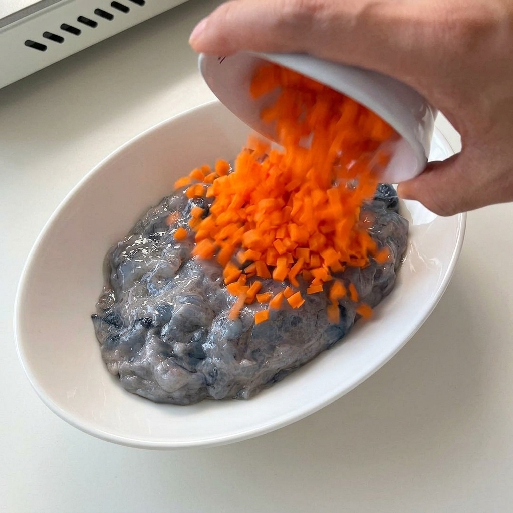 Dés de carottes versés dun bol blanc sur une base de pâte de crevettes grises.