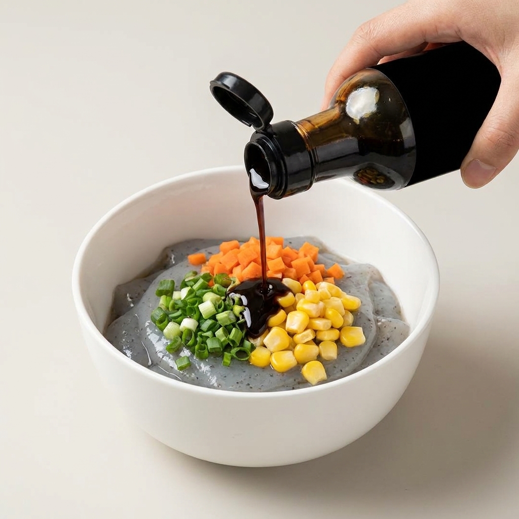 Sauce dassaisonnement sombre versée dune bouteille sur la farce aux crevettes et légumes.