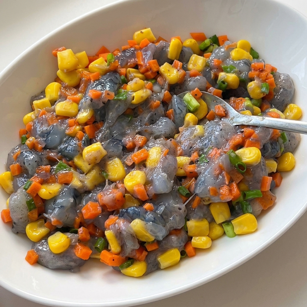 Pâte de crevettes translucide mélangée avec du maïs, des carottes et des oignons verts dans un bol.