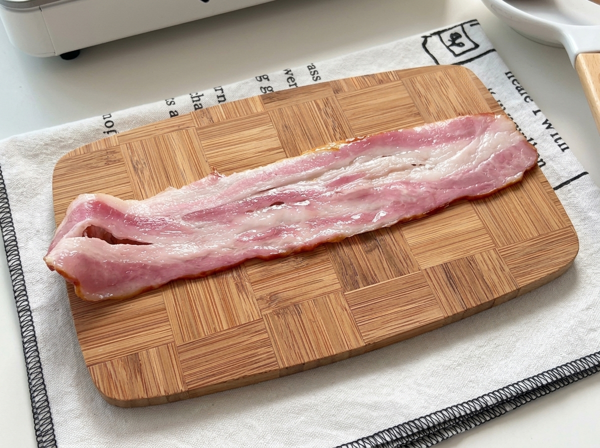 Une tranche de bacon cru posée à plat sur une planche à découper en bois.