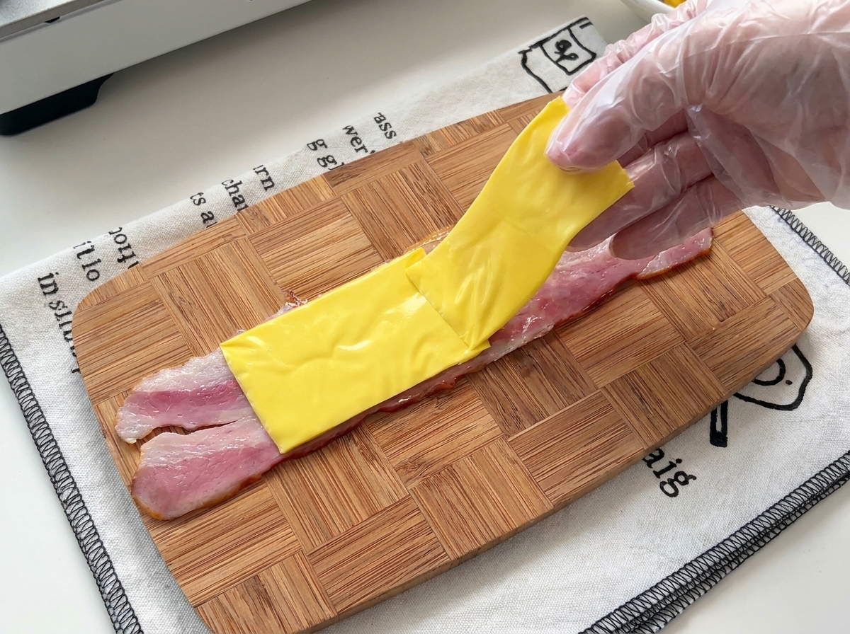 Une main gantée plaçant une tranche carrée de fromage jaune sur une bande de bacon.