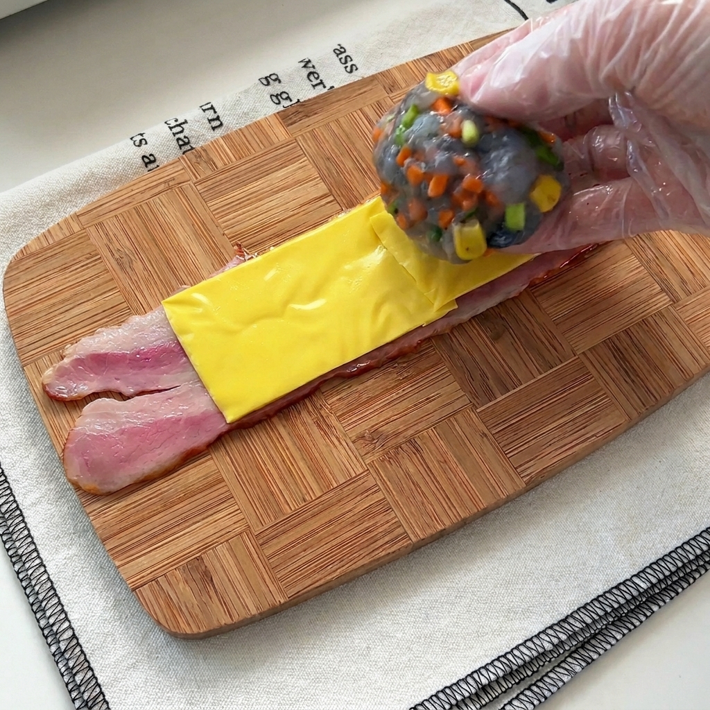 Une main gantée déposant une boule de farce aux crevettes colorée sur le fromage et le bacon.