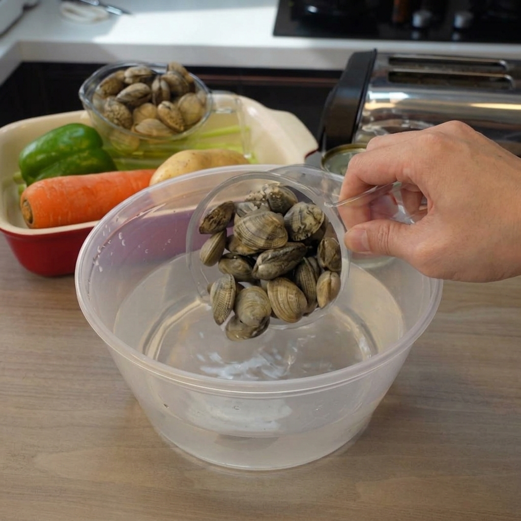 Mains versant des palourdes crues dun gobelet en plastique dans un bol deau claire pour les faire dégorger.