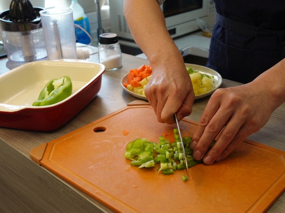 Mains utilisant un couteau pour hacher un poivron vert en petits morceaux sur une planche à découper orange.