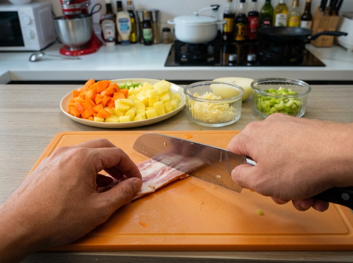 Mains utilisant un couteau de chef pour couper des tranches de lard cru en petits morceaux sur une planche à découper orange, légumes préparés en arrière-plan.