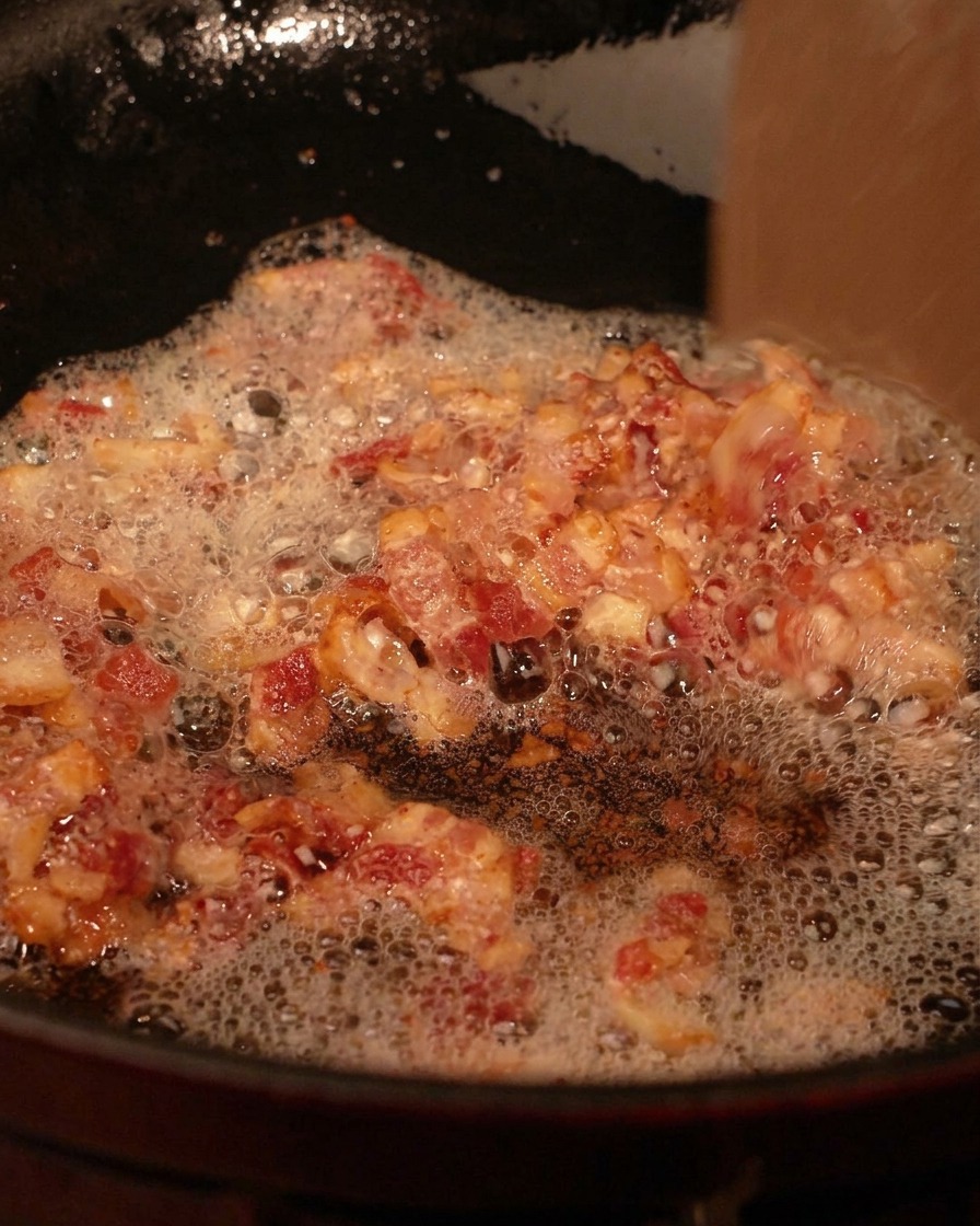 Morceaux de bacon croustillants dans le gras fondu, retirés avec un écumoire en bois.
