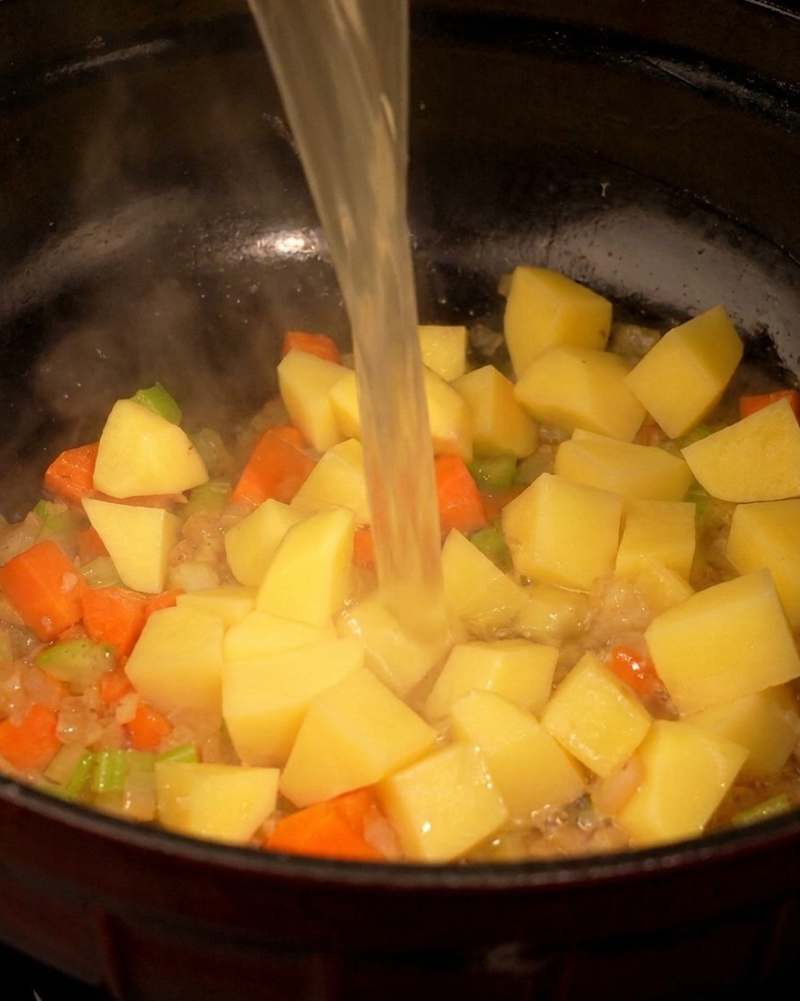 Bouillon de poulet clair versé dans une marmite contenant des légumes coupés en dés.