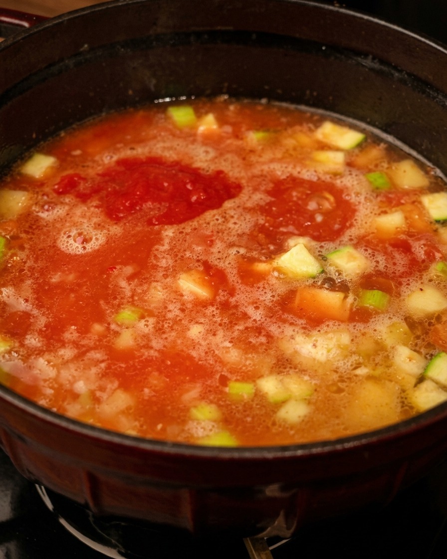 Purée de tomate rouge reposant sur le bouillon et les légumes avant le mélange.