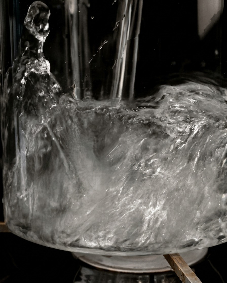 Eau versée dans une casserole en verre avec un effet de mouvement et de bulles.
