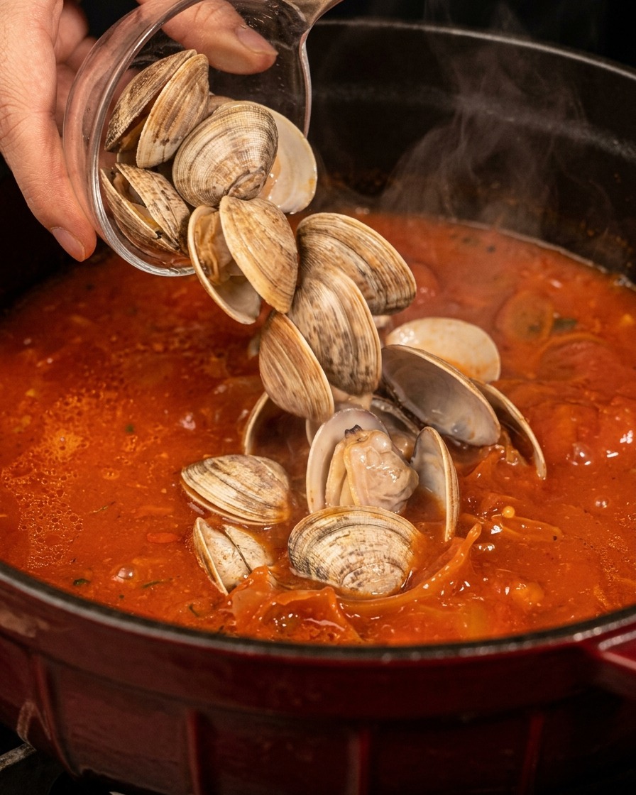 Main versant les palourdes cuites dans la base de soupe rouge mijotant dans une cocotte.