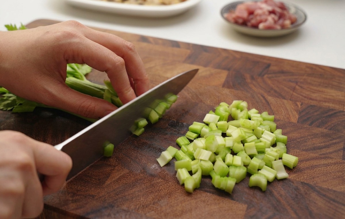Mains hachant des branches de céleri vert croquant en petits dés sur une planche en bois.