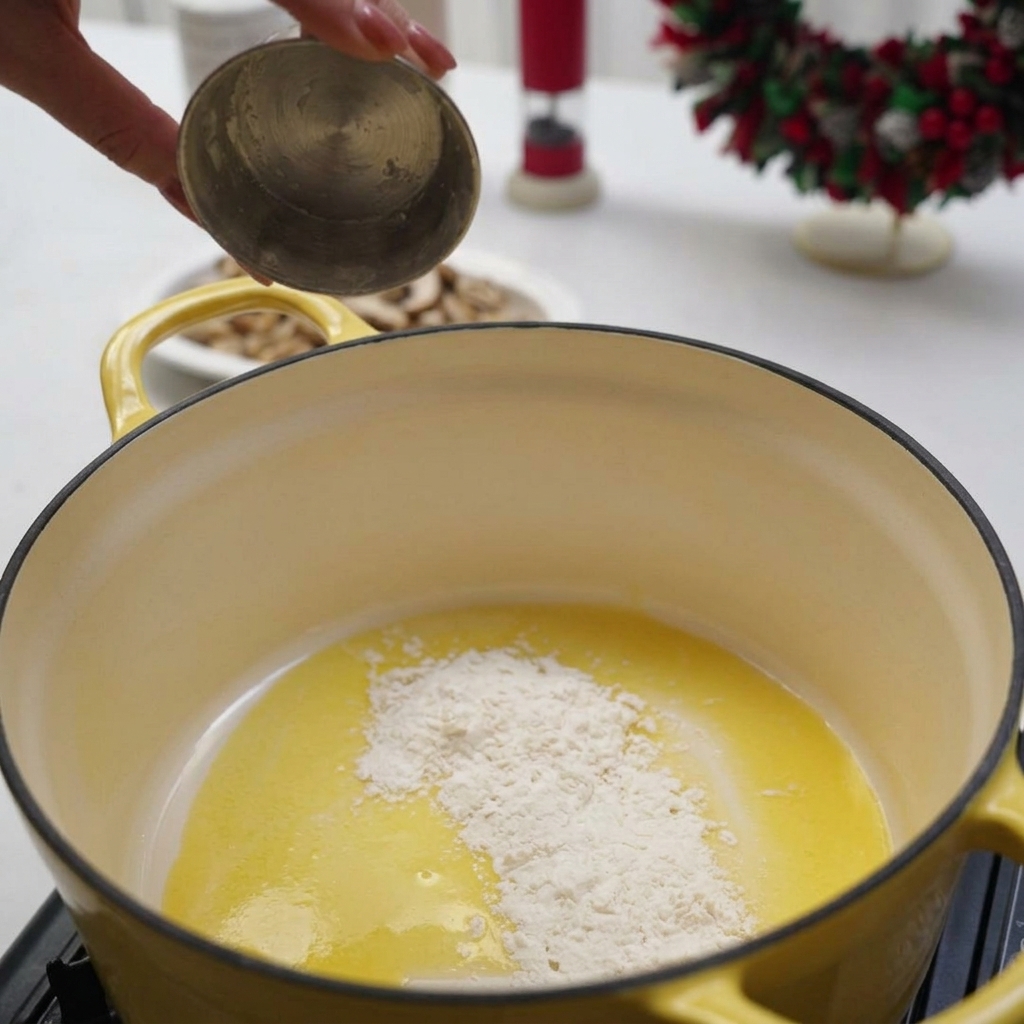 Farine ajoutée depuis une petite tasse en métal dans du beurre fondu au fond dune marmite jaune pour créer un roux.