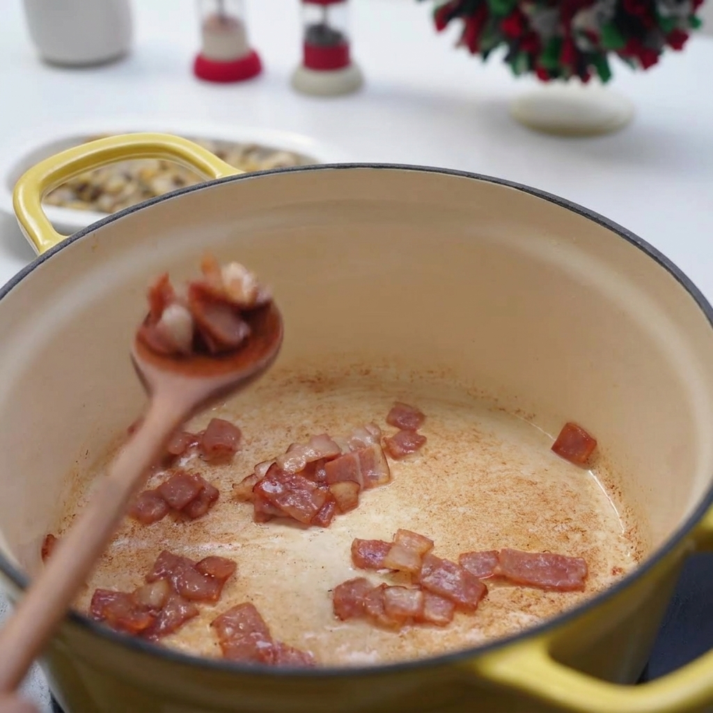 Une cuillère en bois sortant des morceaux de bacon frits et croustillants dune marmite jaune, en laissant quelques-uns au fond.