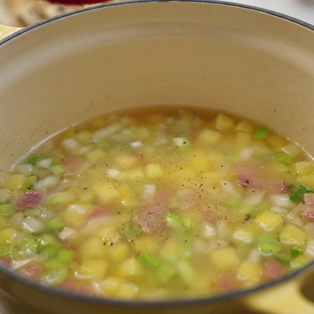 Bouillon frémissant avec des pommes de terre en dés, du céleri et du bacon, parsemé de poivre noir fraîchement moulu dans une marmite jaune.