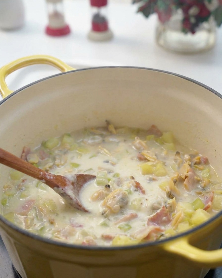 Une sauce blanche onctueuse et épaisse versée en un jet régulier dans une marmite de base de chaudrée frémissante.
