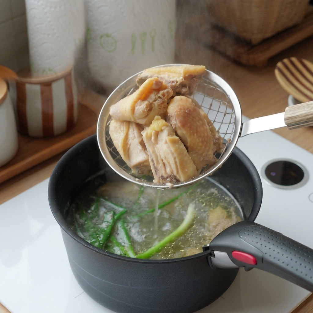 Une écumoire métallique sortant les morceaux de poulet blanchis dune eau bouillante.