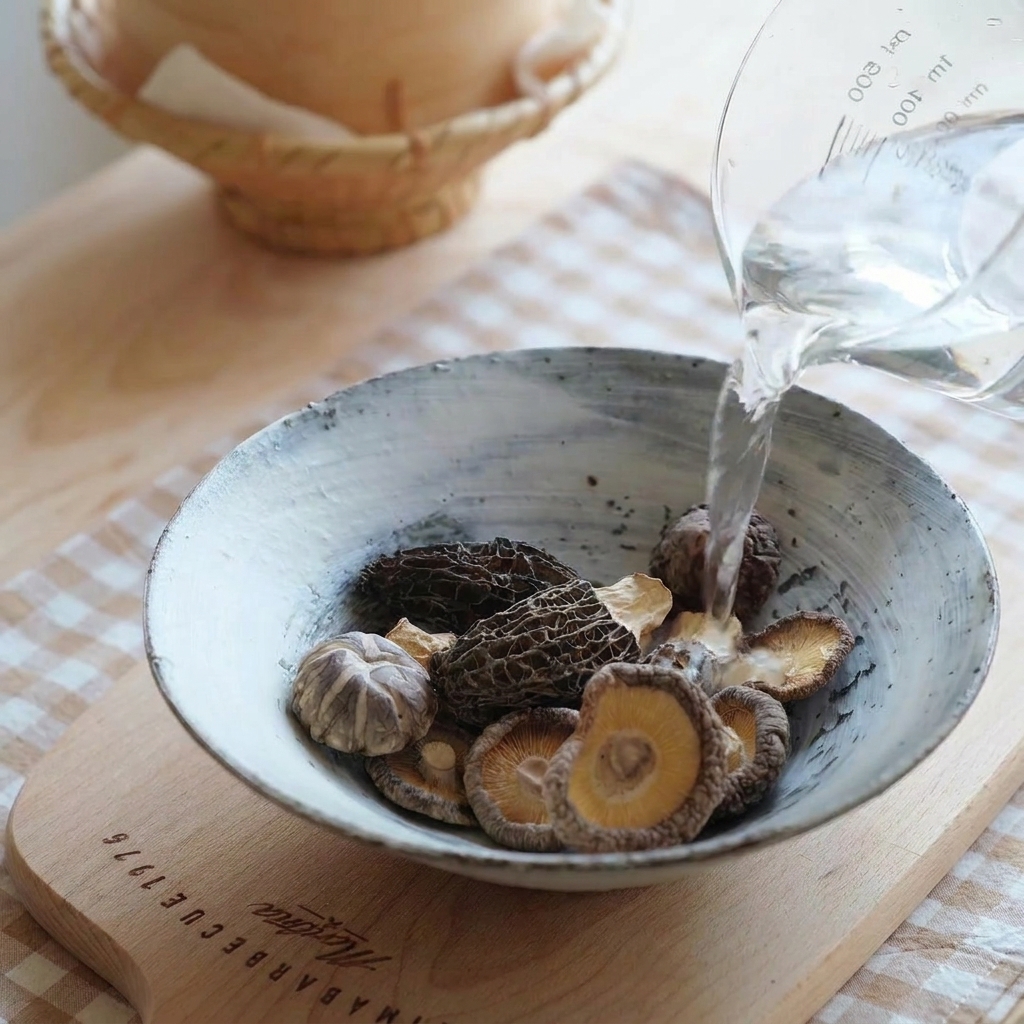 De leau versée sur des morilles et des shiitakés séchés dans un bol en céramique.