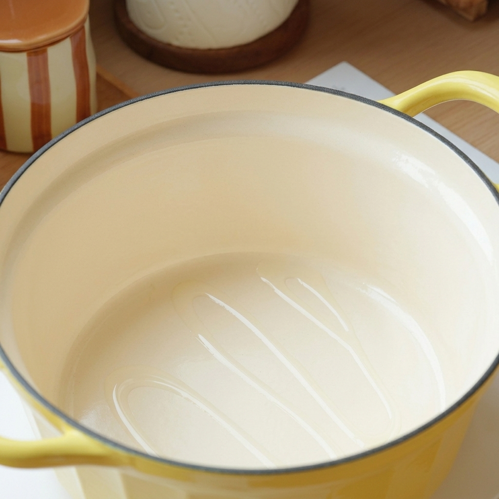 Une cocotte en fonte jaune chauffée avec un léger filet dhuile au fond.