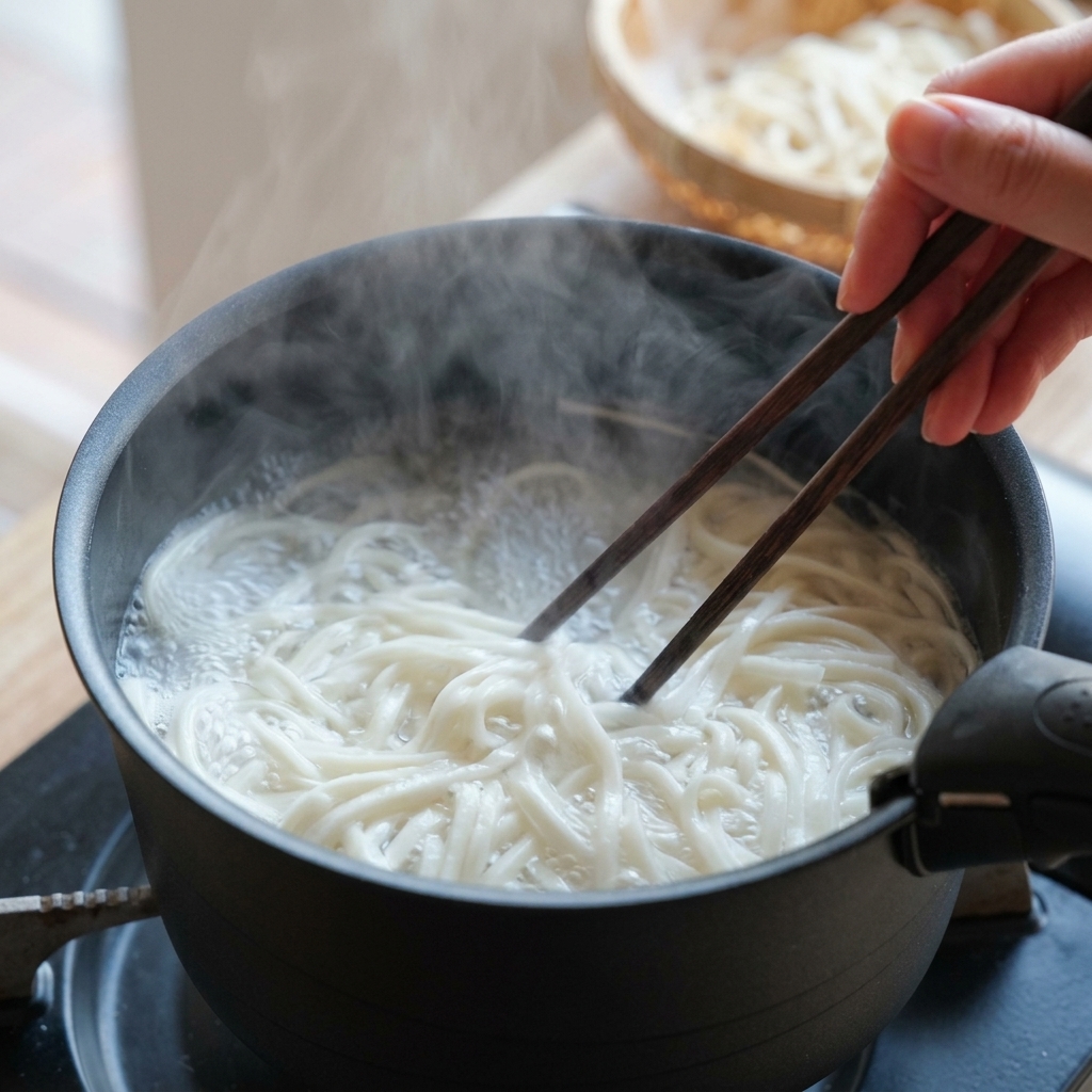 Nouilles blanches bouillant dans une casserole, remuées avec des baguettes en bois.