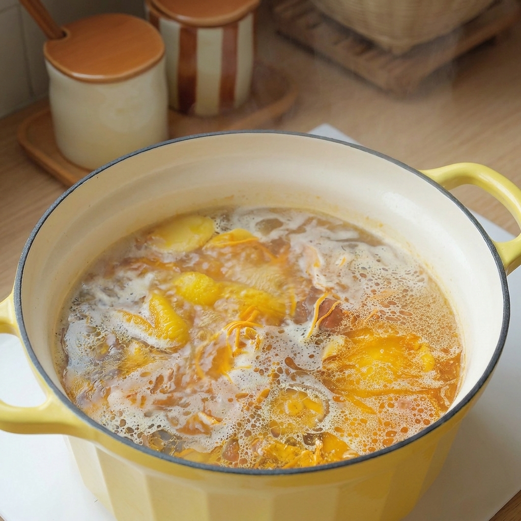 Bouillon de poulet doré frémissant dans la cocotte en fonte jaune.