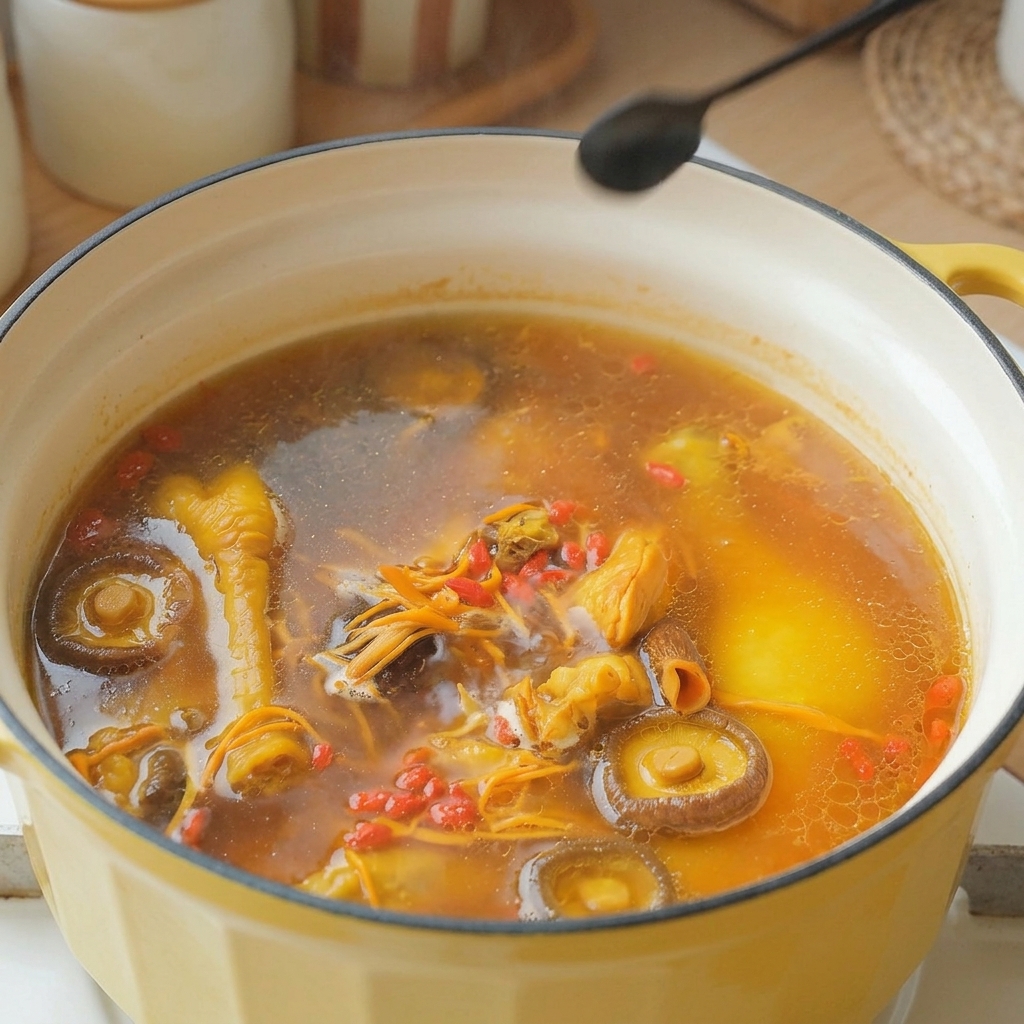 Une petite cuillère noire saupoudrant du sel dans le bouillon doré.