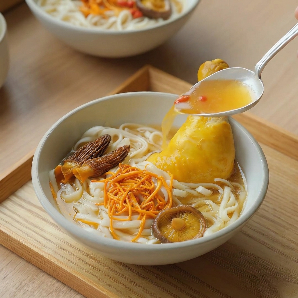 Une louche versant le bouillon chaud sur les nouilles et le poulet dans un bol en céramique.