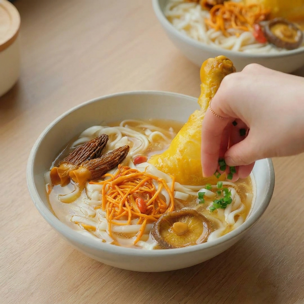 Une main parsemant des oignons verts ciselés sur un bol de soupe fumant.